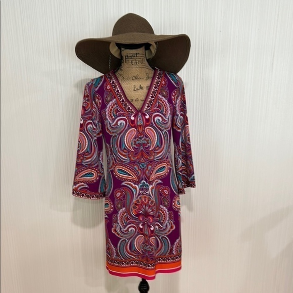 Laundry By Shelli Segal Pink Red Sheath Dress V-Neck Bell Sleeve